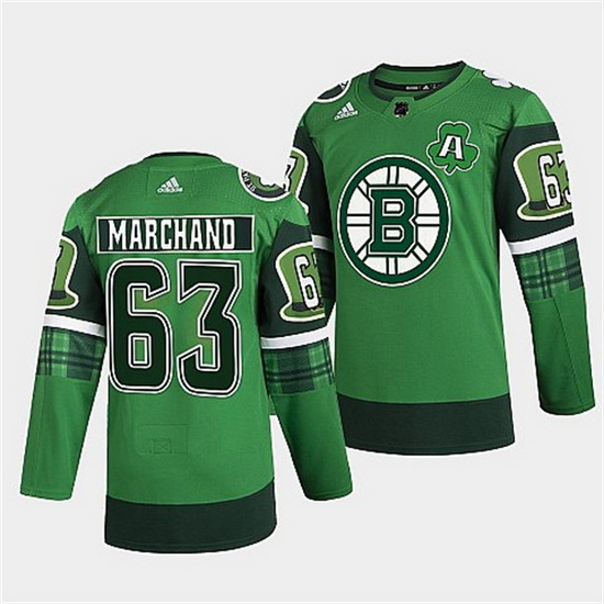 Men Boston Bruins 63 Brad Marchand 2022 Green St Patricks Day Wa