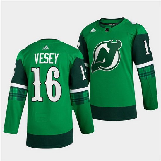 Men New jerseyy Devils 16 Jimmy Vesey Green Warm Up St Patricks Day Stitched jersey