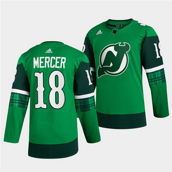 Men New jerseyy Devils 18 Dawson Mercer Green Warm Up St Patricks Day Stitched jersey