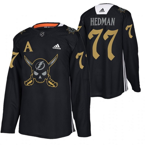 Men Tampa Bay Lightning 77 Victor Hedman Black Gasparilla Inspired Pirate Themed Warmup Stitched jer