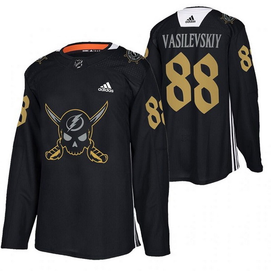 Men Tampa Bay Lightning 88 Andrei Vasilevskiy Black Gasparilla Inspired Pirate Themed Warmup Stitche