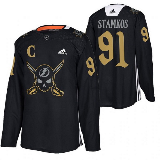 Men Tampa Bay Lightning 91 Steven Stamkos Black Gasparilla Inspired Pirate Themed Warmup Stitched je