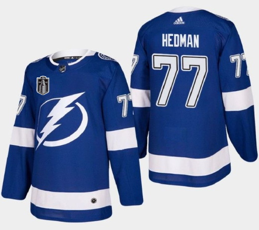 Men Tampa Bay Lightning 77 Victor Hedman 2022 Blue Stanley Cup Final Patch Stitched Jersey