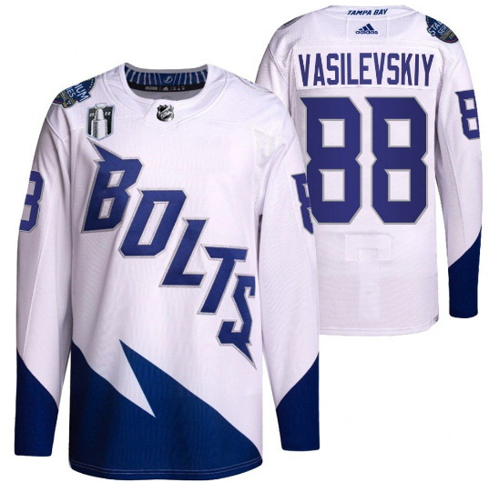 Men Tampa Bay Lightning 88 Andrei Vasilevskiy 2022 White Stanley Cup Final Patch Stitched Jersey