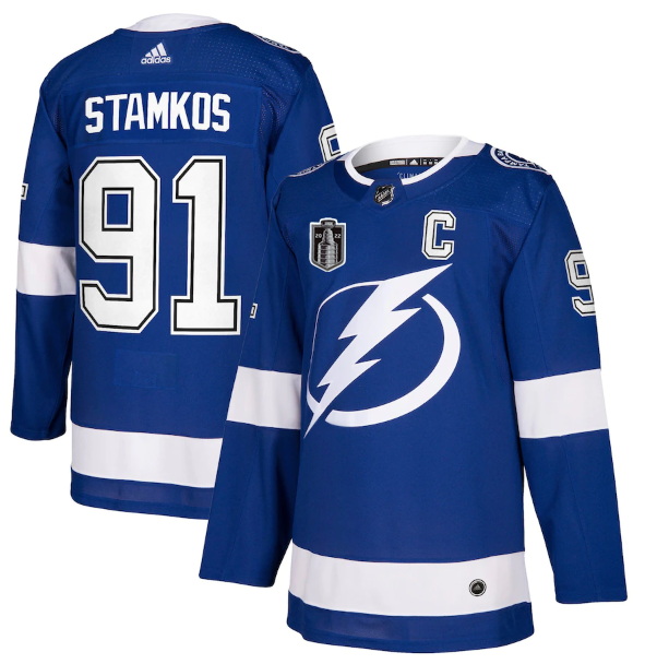 Men Tampa Bay Lightning 91 Steven Stamkos 2022 Blue Stanley Cup Final Patch Stitched Jersey