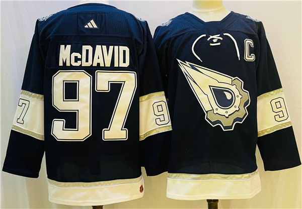 Men Edmonton Oilers 97 Connor McDavid Navy White Stitched Jersey