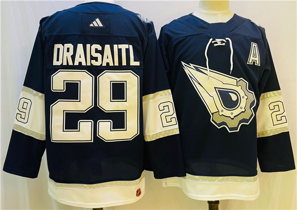 Men Edmonton Oilers 29 Leon Draisaitl Navy White Stitched Jersey