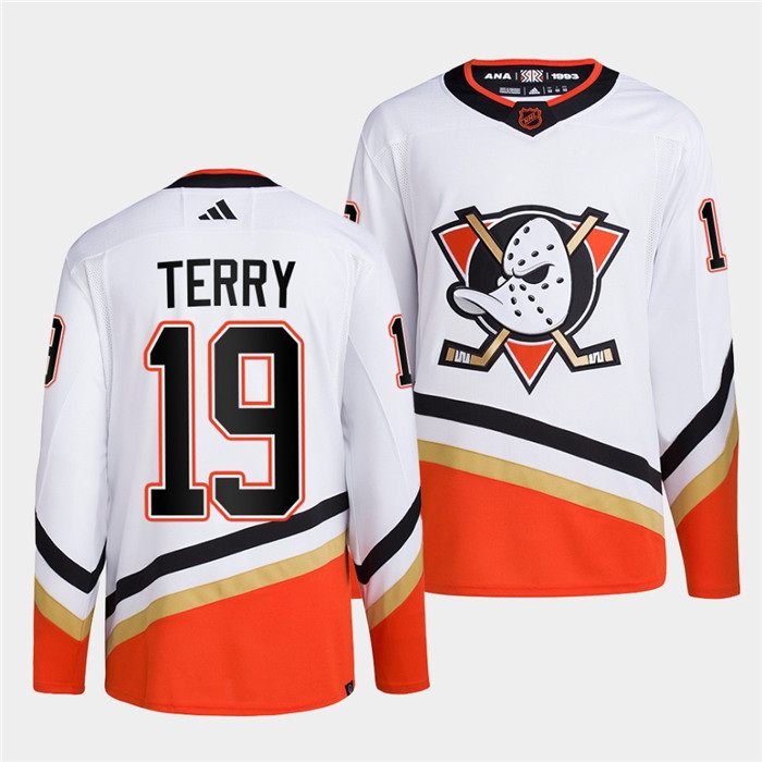 Men Anaheim Ducks 19 Troy Terry White 2022 23 Reverse Retro Stitched Jersey