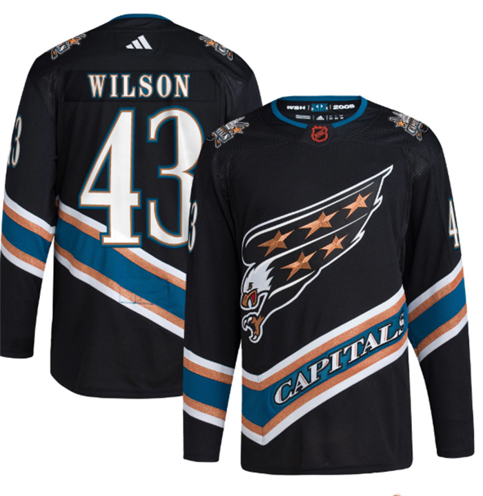 Men Washington Capitals 43 Tom Wilson Black 2022 23 Reverse Retro Stitched Jersey