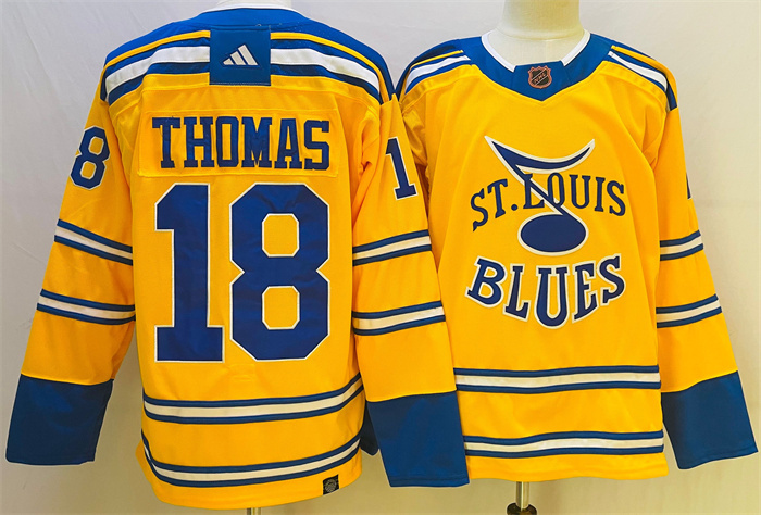 Men St  Louis Blues 18 Robert Thomas Yellow 2022 23 Reverse Retro Stitched Jersey