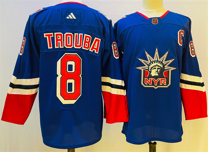 Men New York Rangers 8 Jacob Trouba Blue 2022 23 Reverse Retro Stitched Jersey