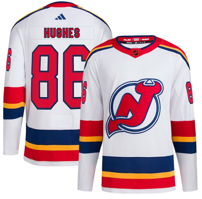 Men New Jersey Devils 86 Jack Hughes White 2022 23 Reverse Retro Stitched Jersey