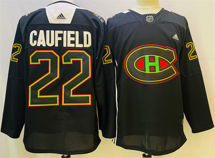 Men Montreal Canadiens 22 Cole Caufield 2022 Black Warm Up History Night Stitched Jersey