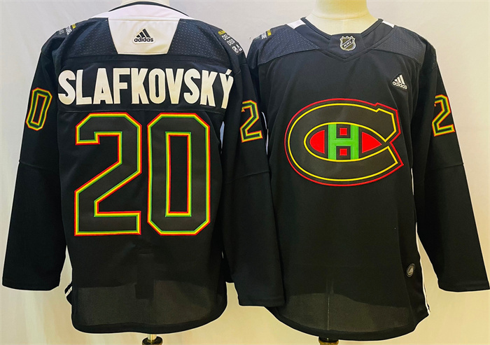 Men Montreal Canadiens 20 Juraj Slafkovsky 2022 Black Warm Up History Night Stitched Jersey