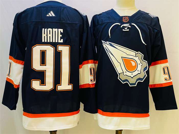 Men Edmonton Oilers 91 Evander Kane Navy 2022 23 Reverse Retro Stitched Jersey