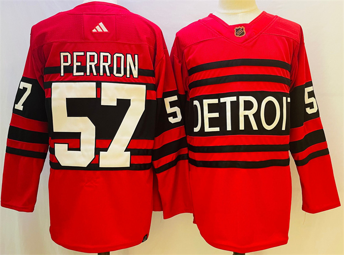 Men Detroit Red Wings 57 David Perron Red 2022 23 Reverse Retro Stitched Jersey