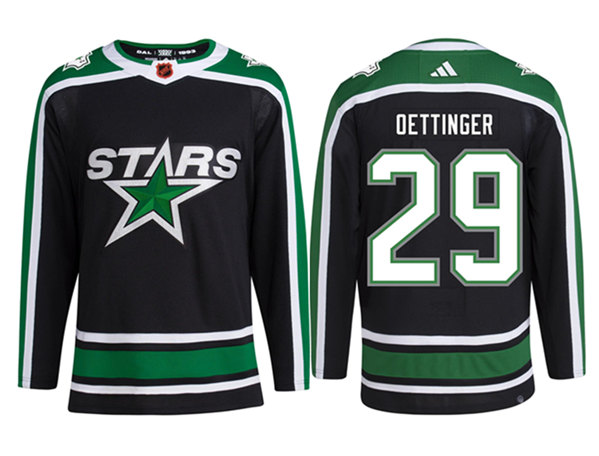 Men Dallas Stars 29 Jake Oettinger Black 2022 23 Reverse Retro Stitched Jersey