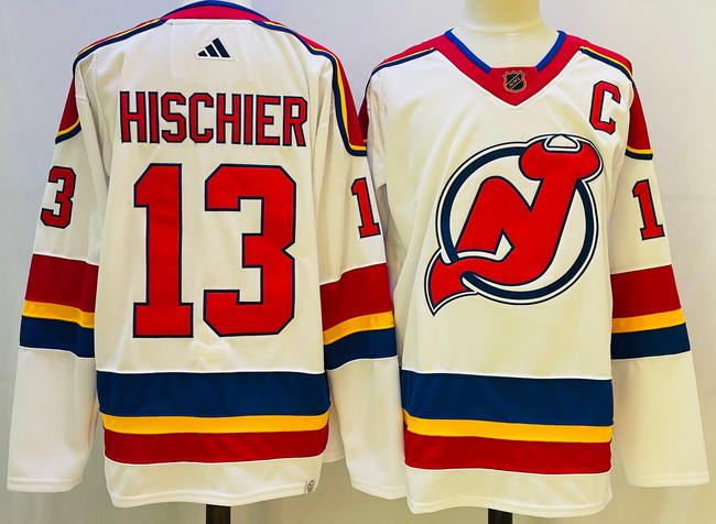 Men New Jersey Devils 13 Nico Hischier White 2022 23 Reverse Retro Stitched Jersey