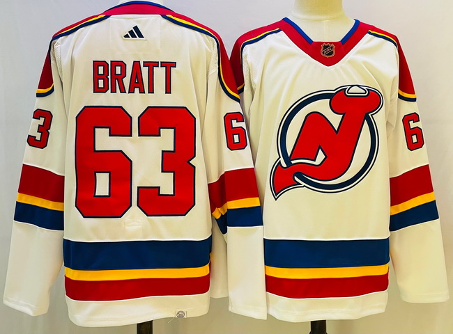 Men New Jersey Devils 63 Jesper Bratt White 2022 23 Reverse Retro Stitched Jersey