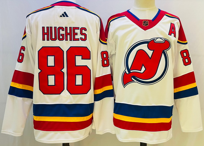 Men New Jersey Devils 86 Jack Hughes White 2022 23 Reverse Retro Stitched Jersey