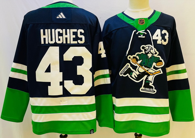 Men Vancouver Canucks 43 Quinn Hughes Navy 2022 Reverse Retro Stitched Jersey