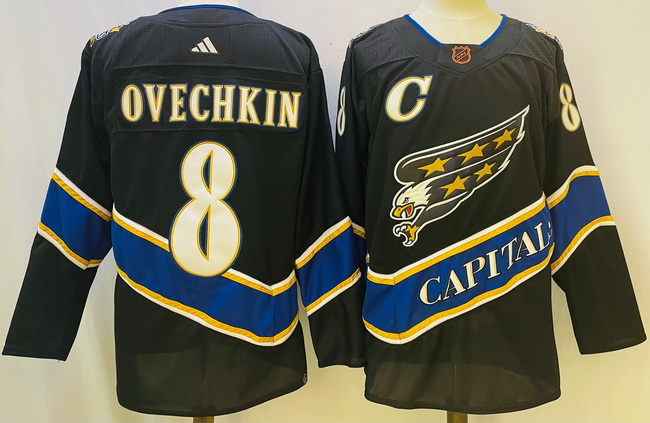 Men Washington Capitals 8 Alex Ovechkin Black 2022 23 Reverse Retro Stitched NHL Jersey