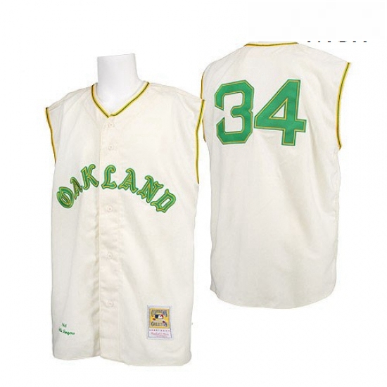 Mens Mitchell and Ness 1968 Oakland Athletics 34 Rollie Fingers Replica Cream Throwback MLB Jersey