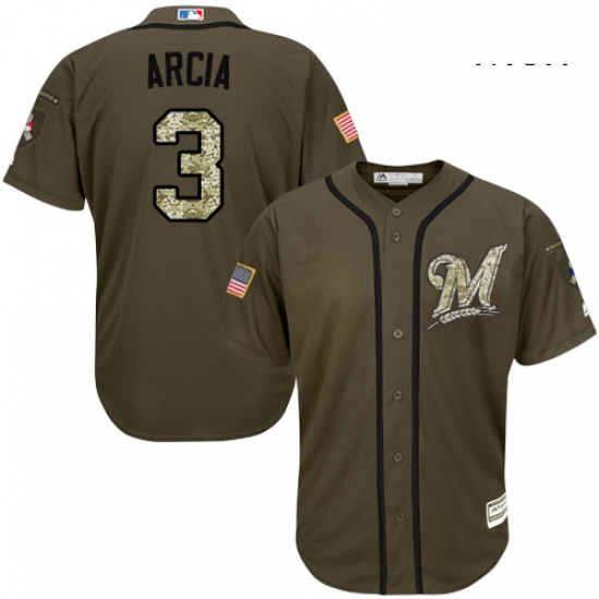 Mens Majestic Milwaukee Brewers 3 Orlando Arcia Replica Green Salute to Service MLB Jersey