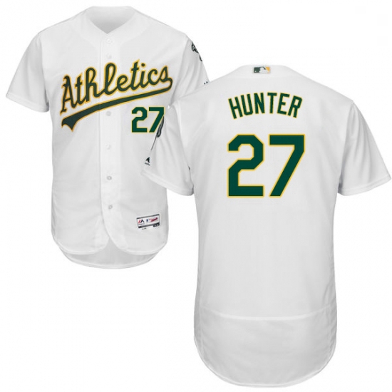 Mens Majestic Oakland Athletics 27 Catfish Hunter White Home Flex Base Authentic Collection MLB Jers