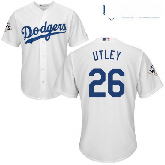 Mens Majestic Los Angeles Dodgers 26 Chase Utley Replica White Home 2017 World Series Bound Cool Bas