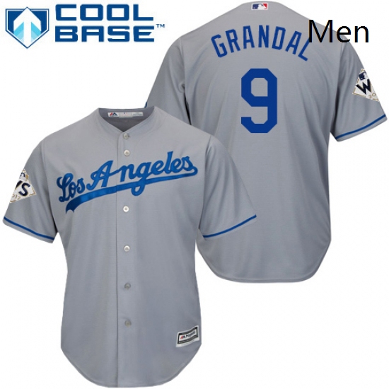 Mens Majestic Los Angeles Dodgers 9 Yasmani Grandal Replica Grey Road 2017 World Series Bound Cool B