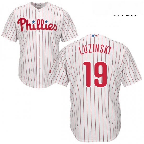 Mens Majestic Philadelphia Phillies 19 Greg Luzinski Replica WhiteRed Strip Home Cool Base MLB Jerse