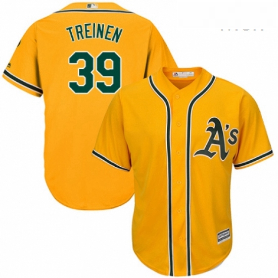 Mens Majestic Oakland Athletics 39 Blake Treinen Replica Gold Alternate 2 Cool Base MLB Jersey