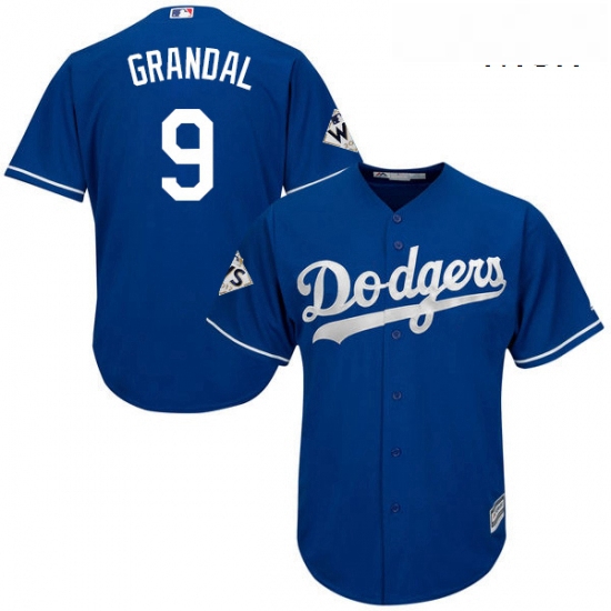 Mens Majestic Los Angeles Dodgers 9 Yasmani Grandal Replica Royal Blue Alternate 2017 World Series B