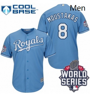 Mens Majestic Kansas City Royals 8 Mike Moustakas Replica Light Blue Alternate 1 Cool Base 2015 Worl