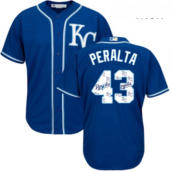 Mens Majestic Kansas City Royals 43 Wily Peralta Blue Authentic Blue Team Logo Fashion Cool Base MLB