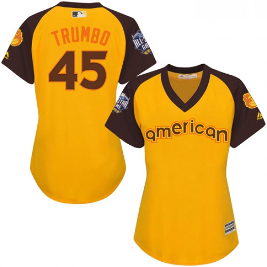 Womens Majestic Baltimore Orioles 45 Mark Trumbo Authentic Yellow 2016 All Star American League BP C