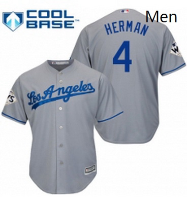 Mens Majestic Los Angeles Dodgers 4 Babe Herman Replica Grey Road 2017 World Series Bound Cool Base 