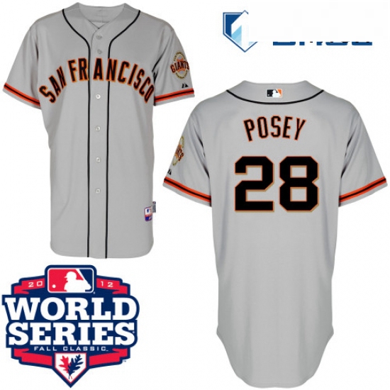 Mens Majestic San Francisco Giants 28 Buster Posey Replica Grey Cool Base 2012 World Series Patch ML