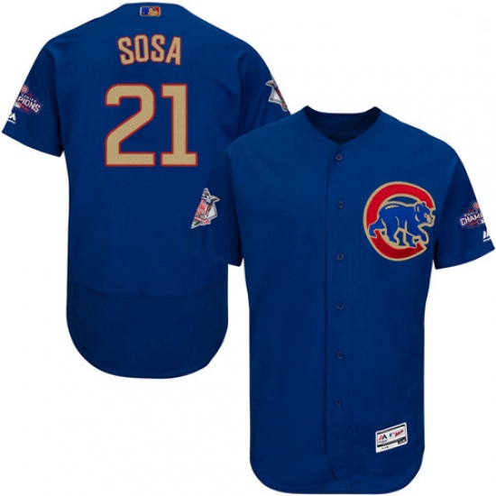 Mens Majestic Chicago Cubs 21 Sammy Sosa Authentic Royal Blue 2017 Gold Champion Flex Base MLB Jerse