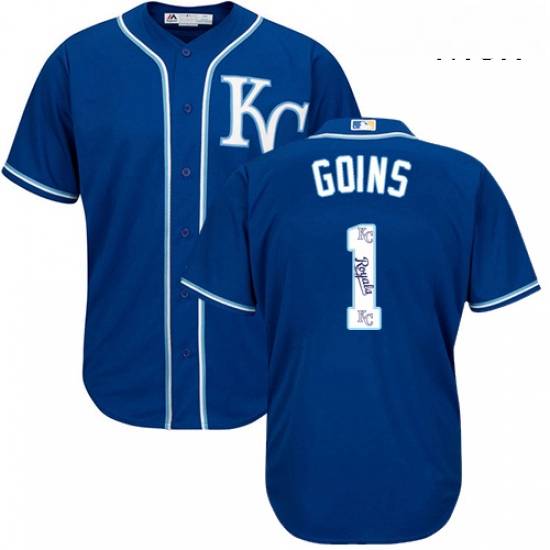 Mens Majestic Kansas City Royals 1 Ryan Goins Blue Authentic Blue Team Logo Fashion Cool Base MLB Je