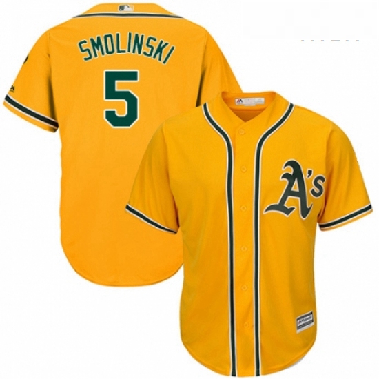 Mens Majestic Oakland Athletics 5 Jake Smolinski Replica Gold Alternate 2 Cool Base MLB Jersey