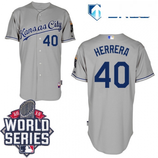 Mens Majestic Kansas City Royals 40 Kelvin Herrera Authentic Grey Road Cool Base 2015 World Series P