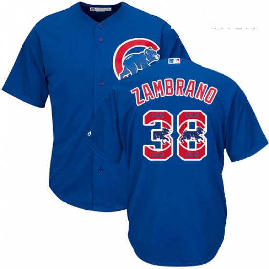 Mens Majestic Chicago Cubs 38 Carlos Zambrano Authentic Royal Blue Team Logo Fashion Cool Base MLB J