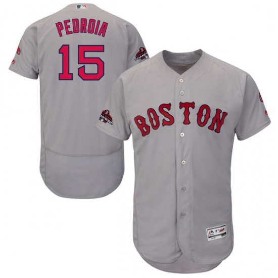 Mens Majestic Boston Red Sox 15 Dustin Pedroia Grey Road Flex Base Authentic Collection 2018 World S