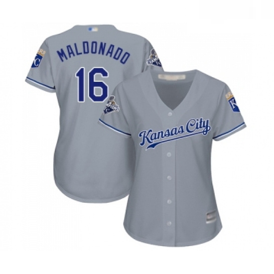 Womens Kansas City Royals 16 Martin Maldonado Replica Grey Road Cool Base Baseball Jersey