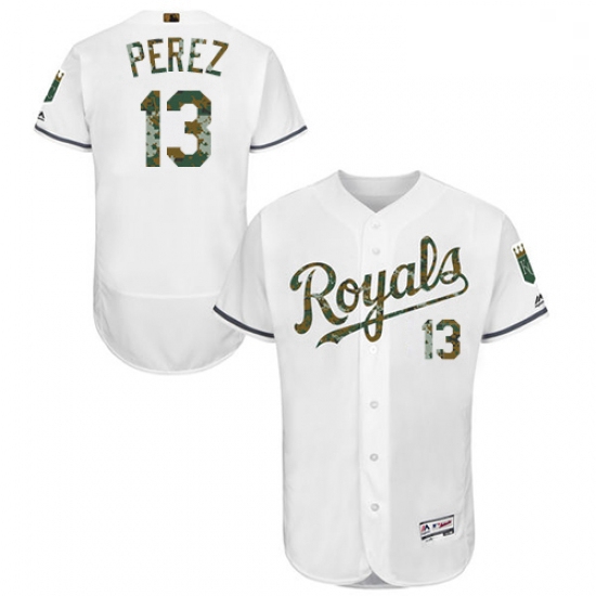 Mens Majestic Kansas City Royals 13 Salvador Perez Authentic White 2016 Memorial Day Fashion Flex Ba