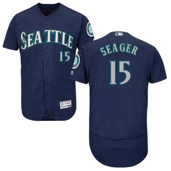 Mens Majestic Seattle Mariners 15 Kyle Seager Navy Blue Alternate Flex Base Authentic Collection MLB