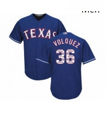 Mens Texas Rangers 36 Edinson Volquez Authentic Royal Blue Team Logo Fashion Cool Base Baseball Jers