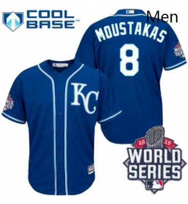 Mens Majestic Kansas City Royals 8 Mike Moustakas Replica Blue Alternate 2 Cool Base 2015 World Seri